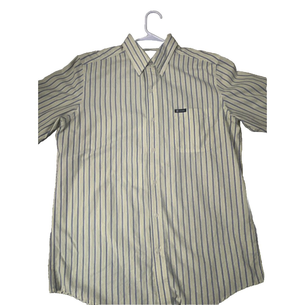 Chaps Shirt Easy Care Button Up Mens Medium Yellow Blue Striped Short Sleeve